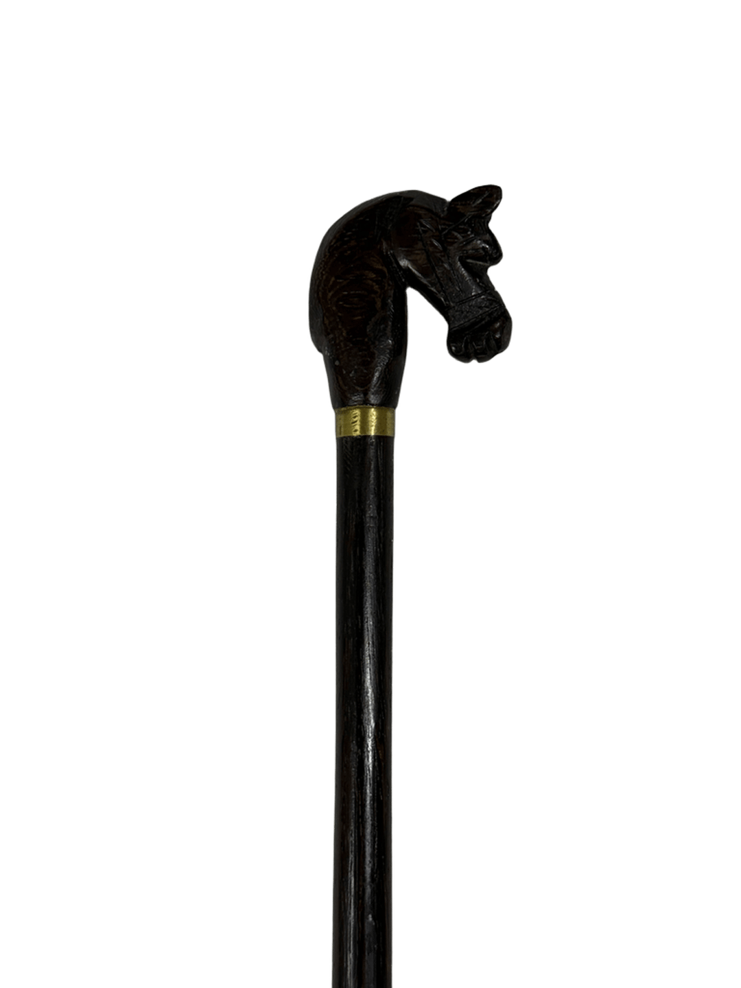 Fungi Wood Cane in Black with Horse Head Handle and Brass Decoration - 1