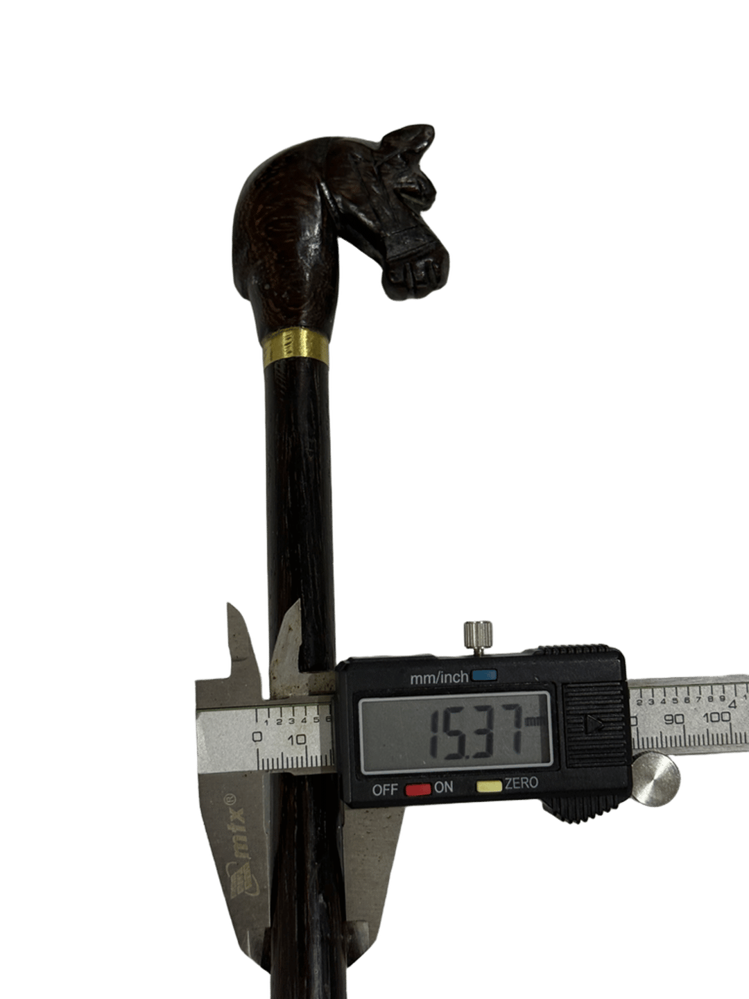Fungi Wood Cane in Black with Horse Head Handle and Brass Decoration - 3