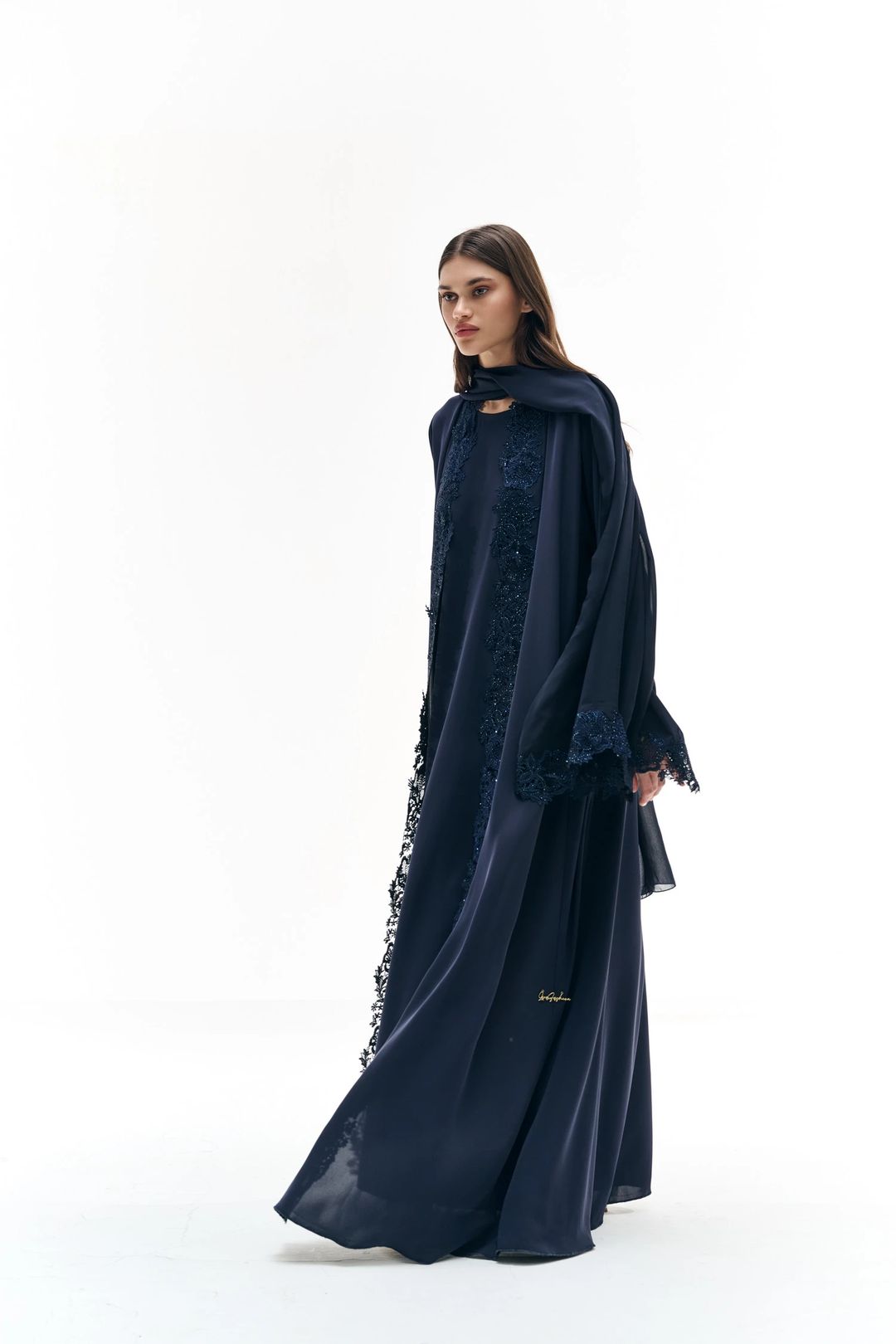 Dark blue abaya with dantelle - 4