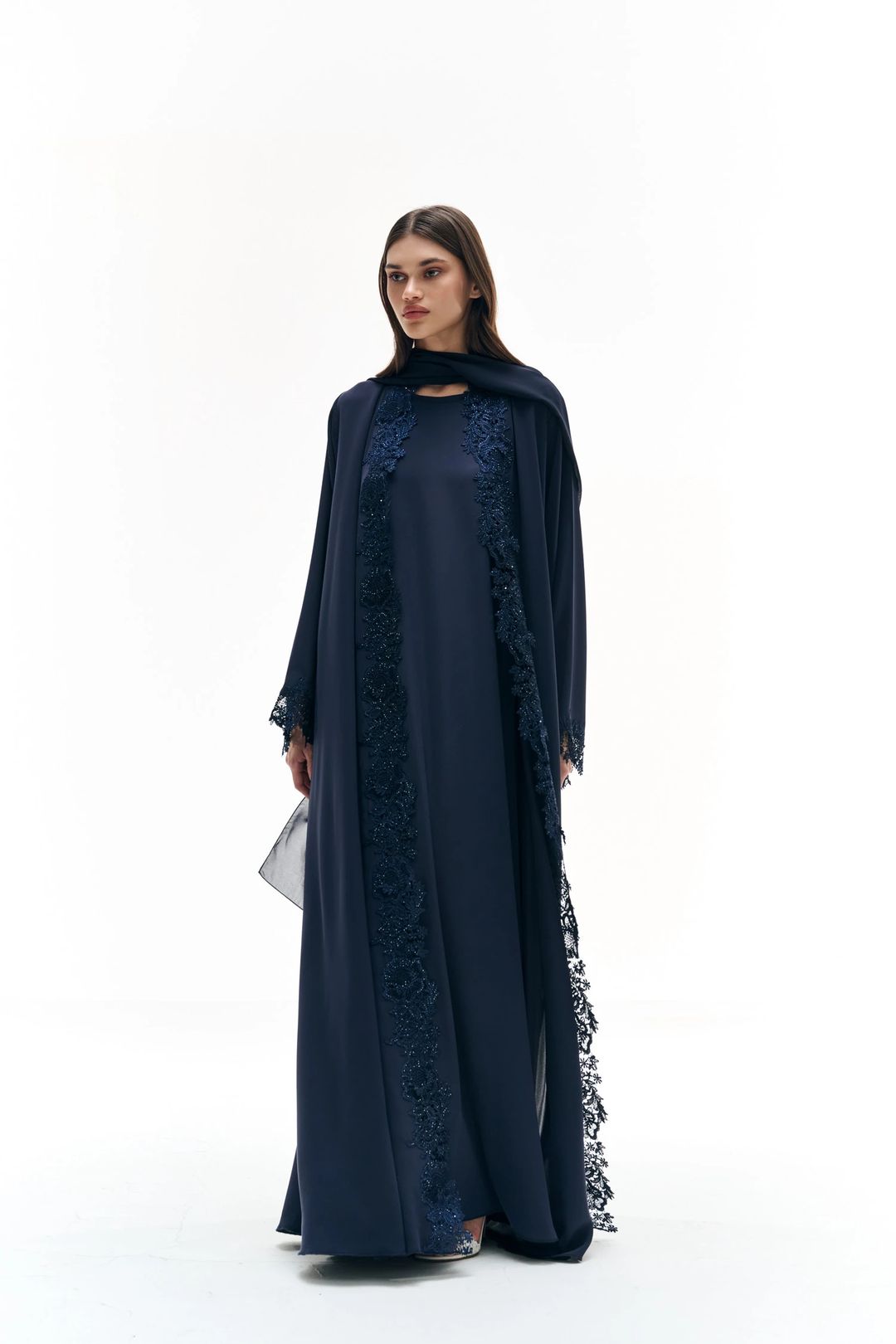 Dark blue abaya with dantelle - 3