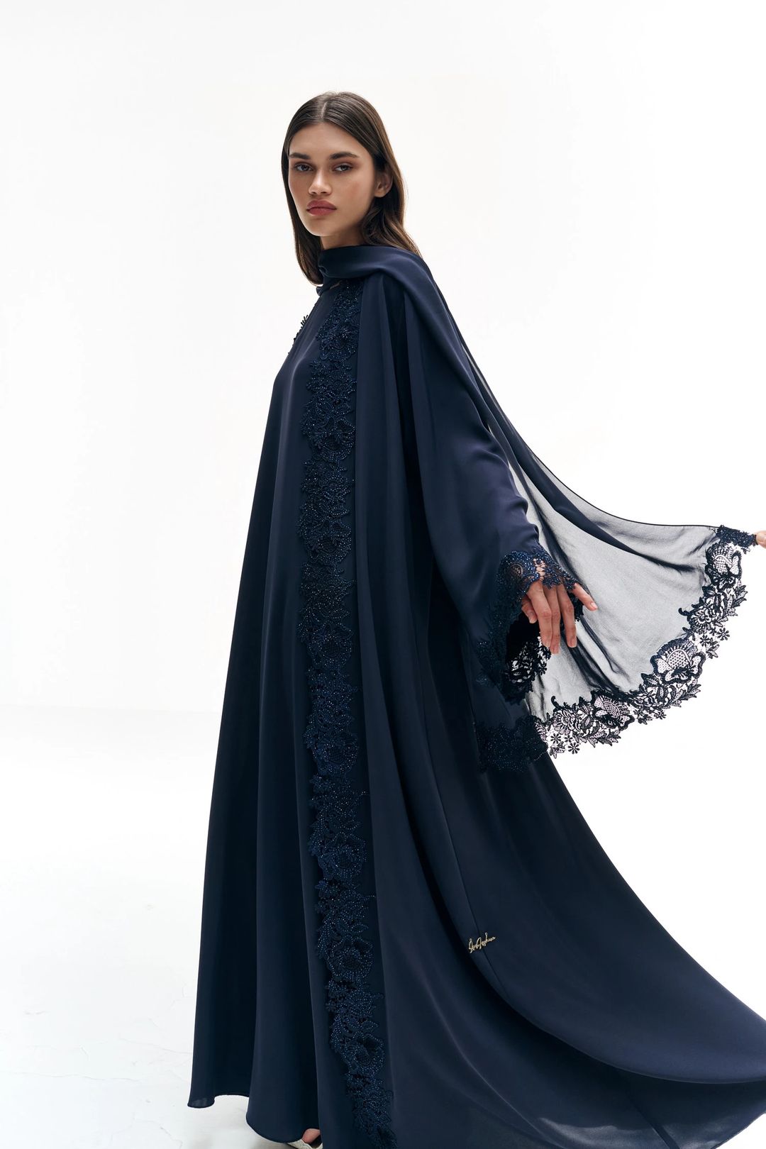 Dark blue abaya with dantelle - 8