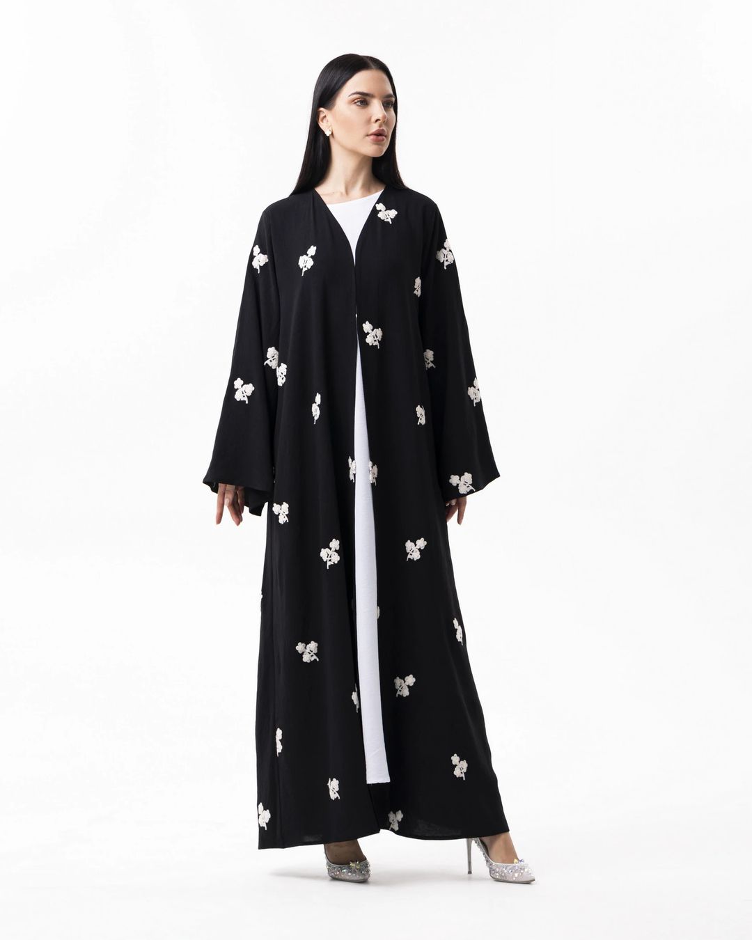 black with white flowers abaya - 1