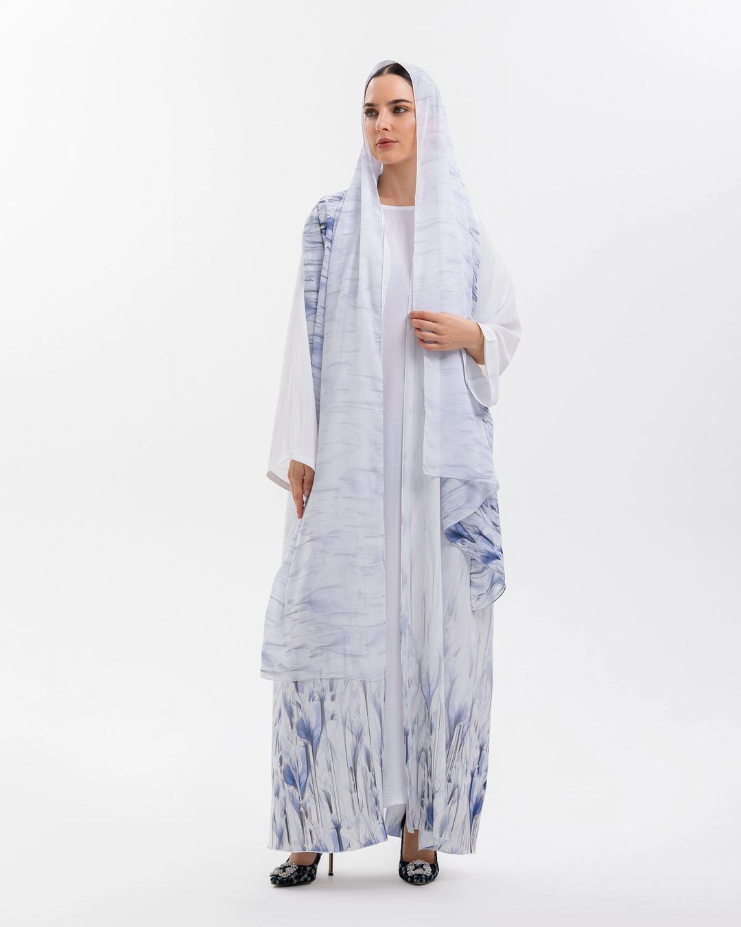 white and blue printed abaya - 1
