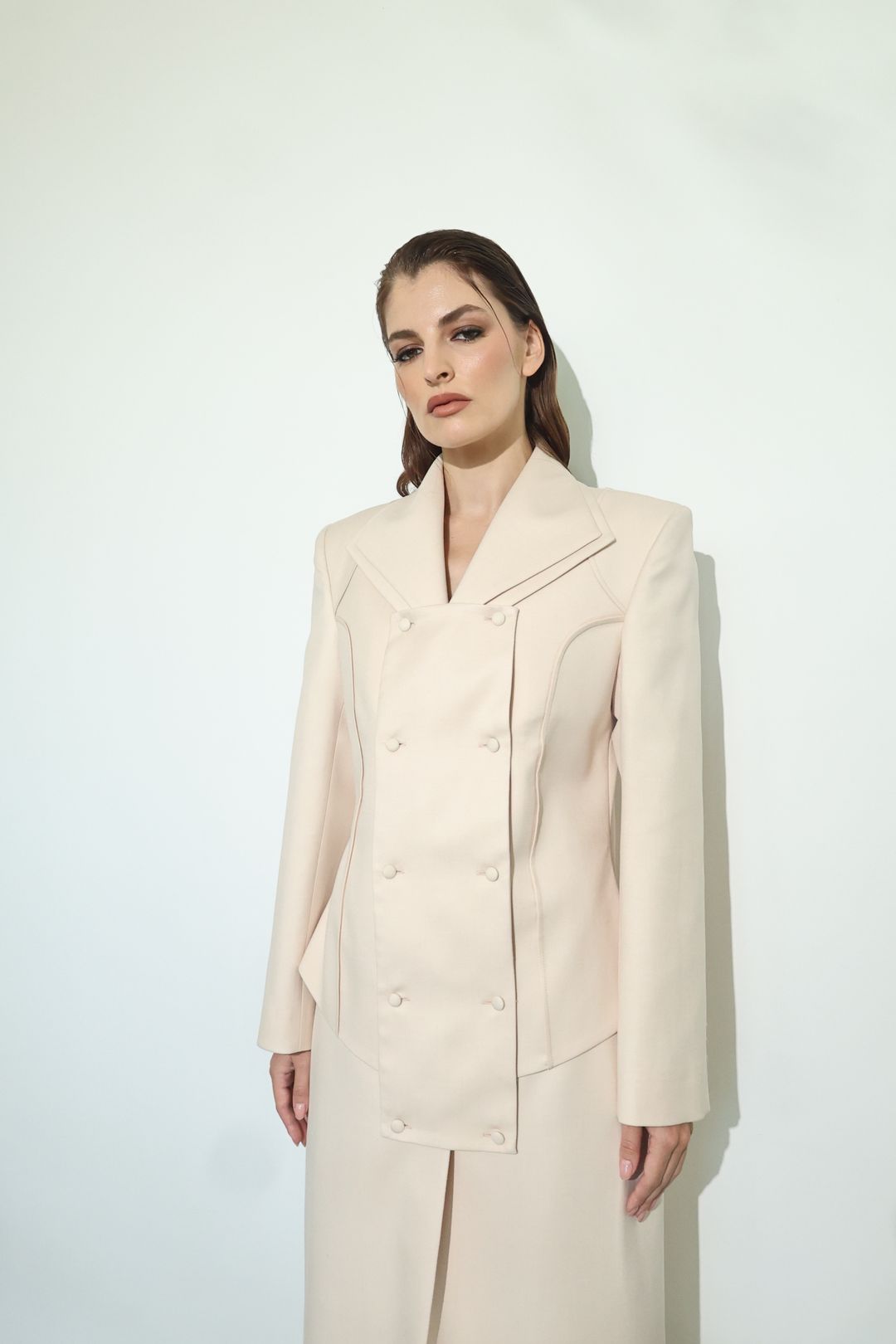 Ivory Double-Breasted Long Coat - 5