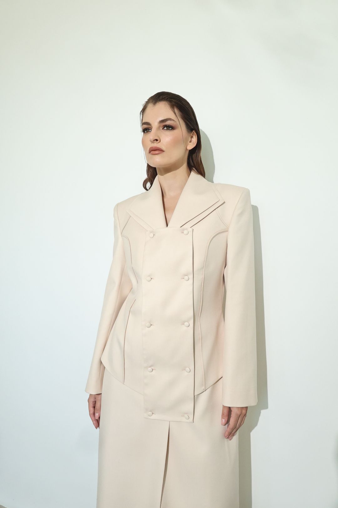 Ivory Double-Breasted Long Coat - 4