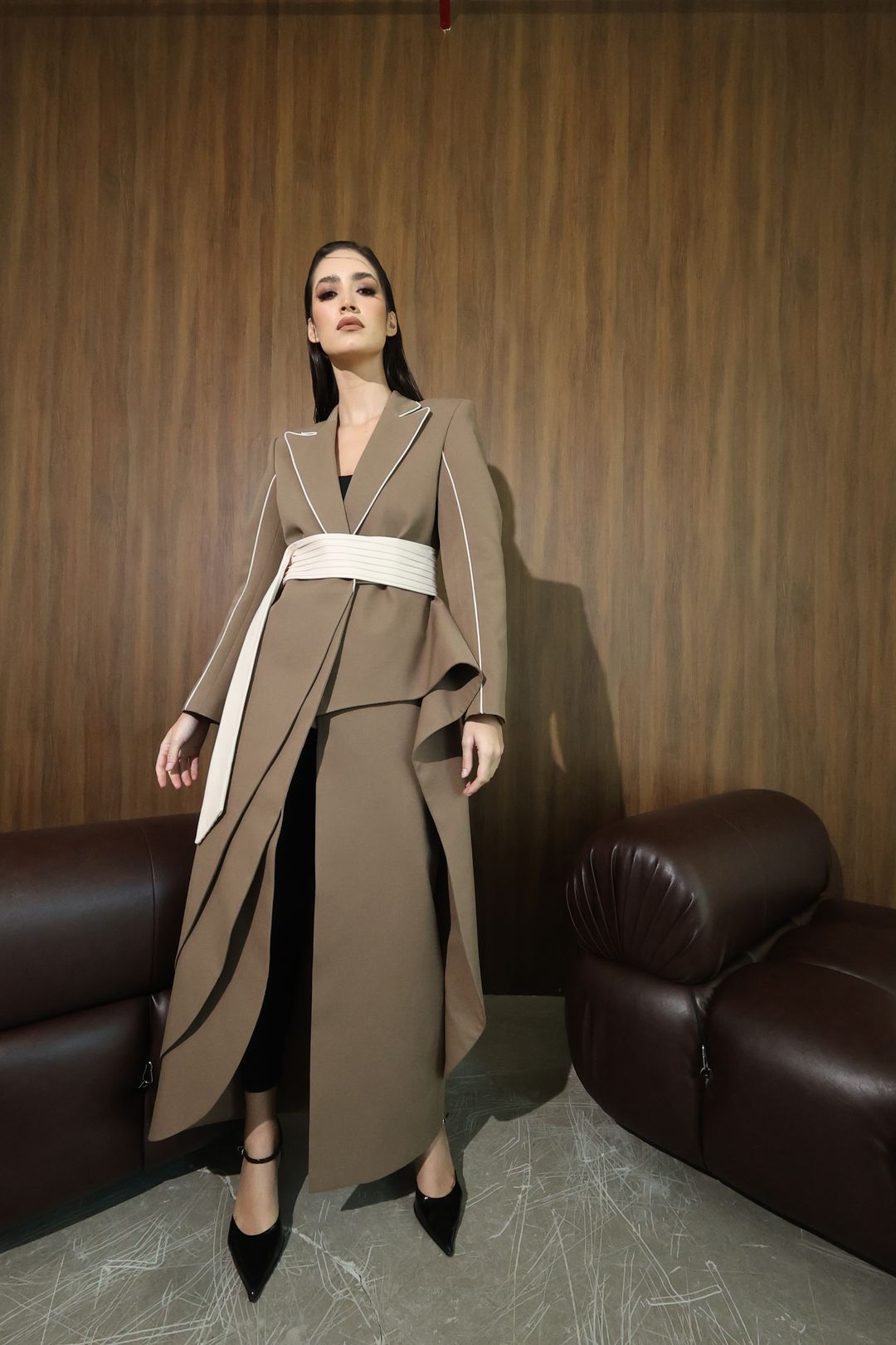 Mocha Ivory Wrap-Sash Draped Coat - 17