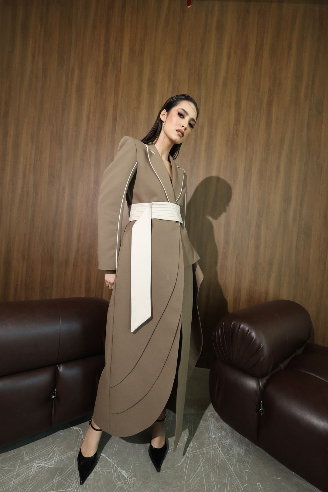 Mocha Ivory Wrap-Sash Draped Coat - 16