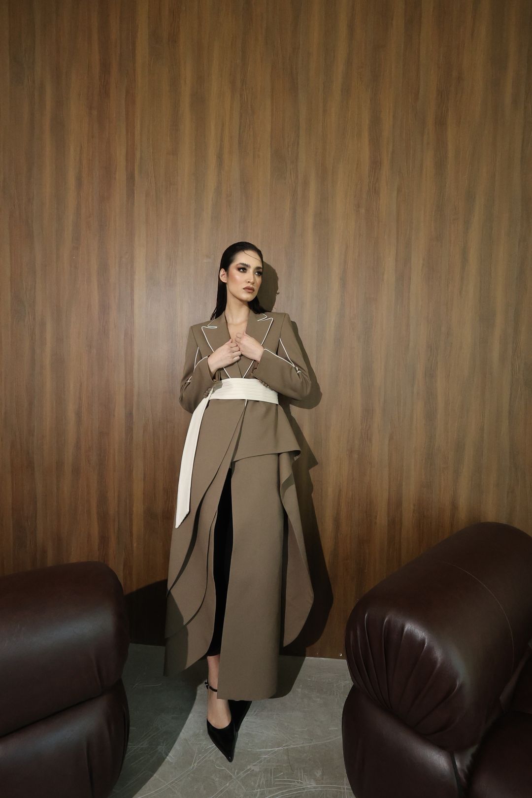 Mocha Ivory Wrap-Sash Draped Coat - 11