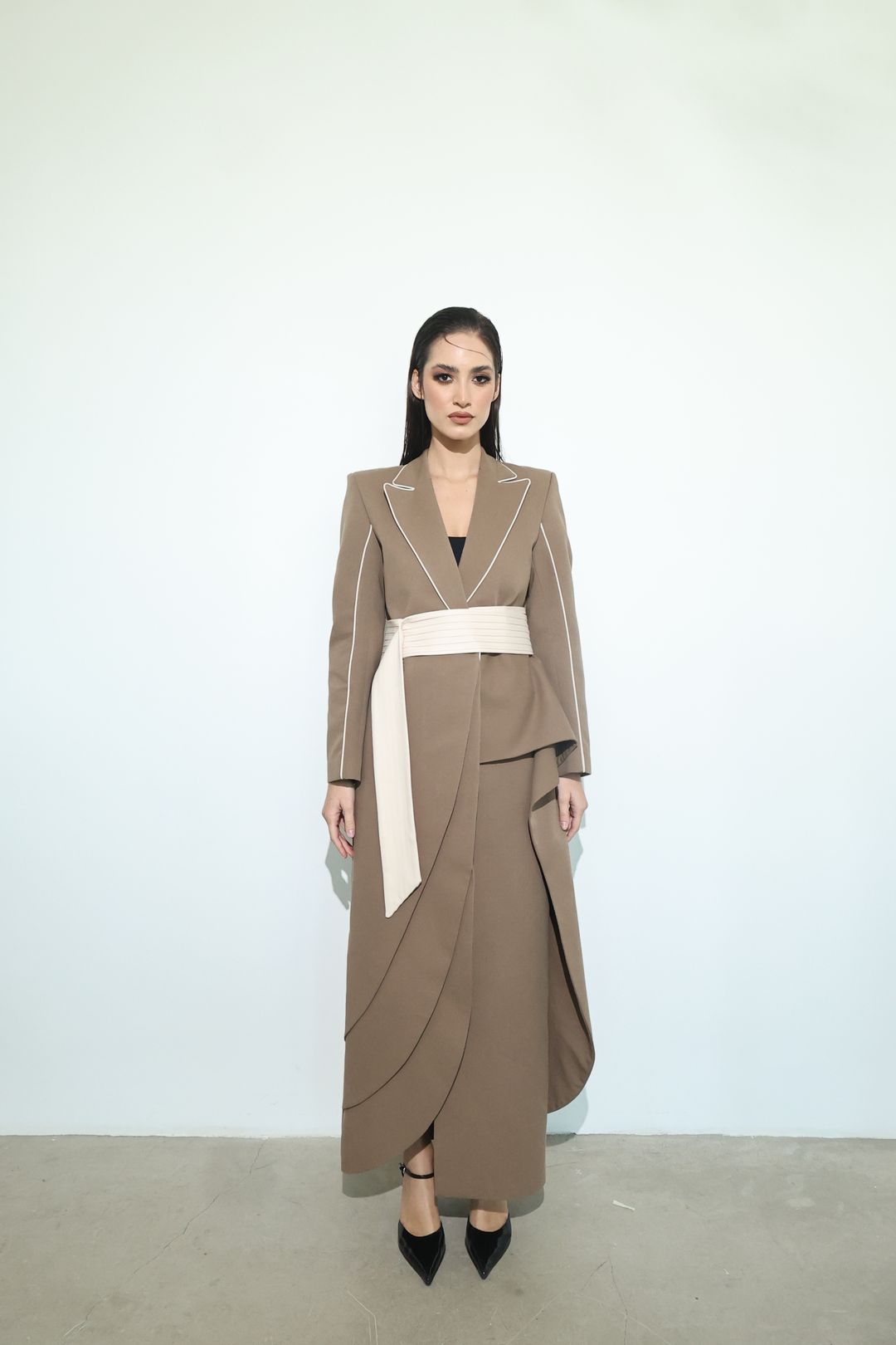 Mocha Ivory Wrap-Sash Draped Coat - 7