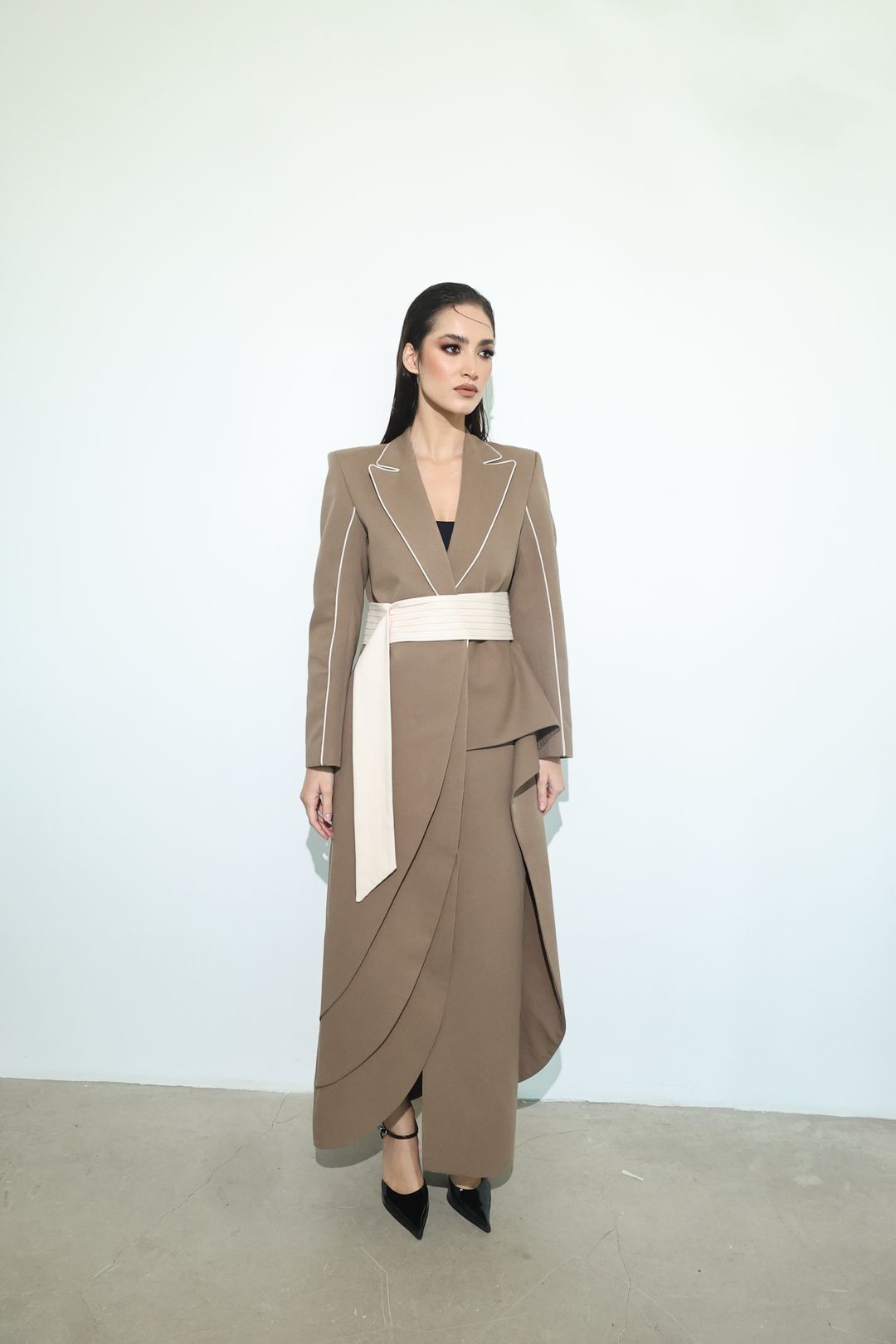 Mocha Ivory Wrap-Sash Draped Coat - 6