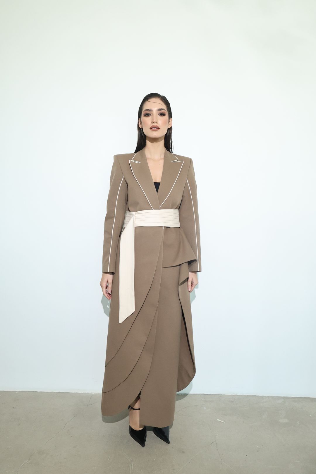 Mocha Ivory Wrap-Sash Draped Coat - 5