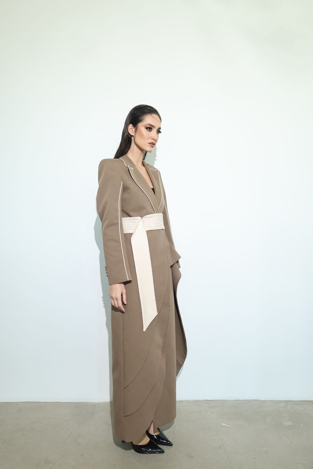 Mocha Ivory Wrap-Sash Draped Coat - 4