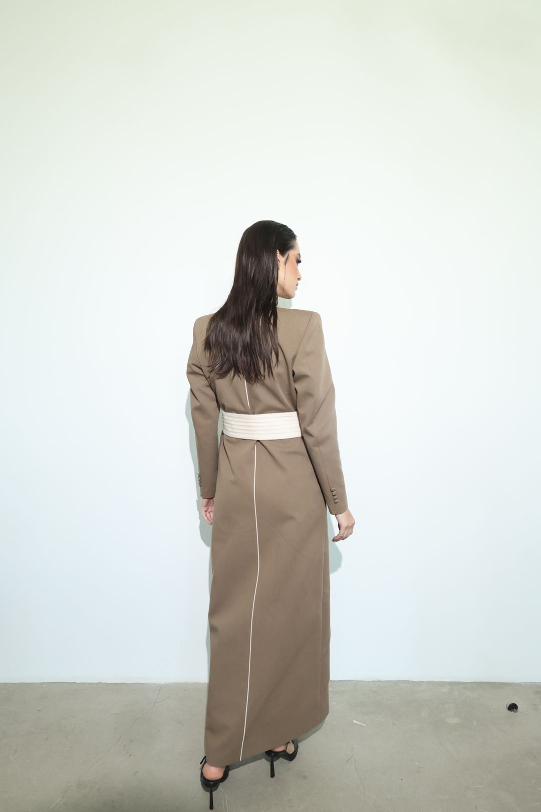 Mocha Ivory Wrap-Sash Draped Coat - 3