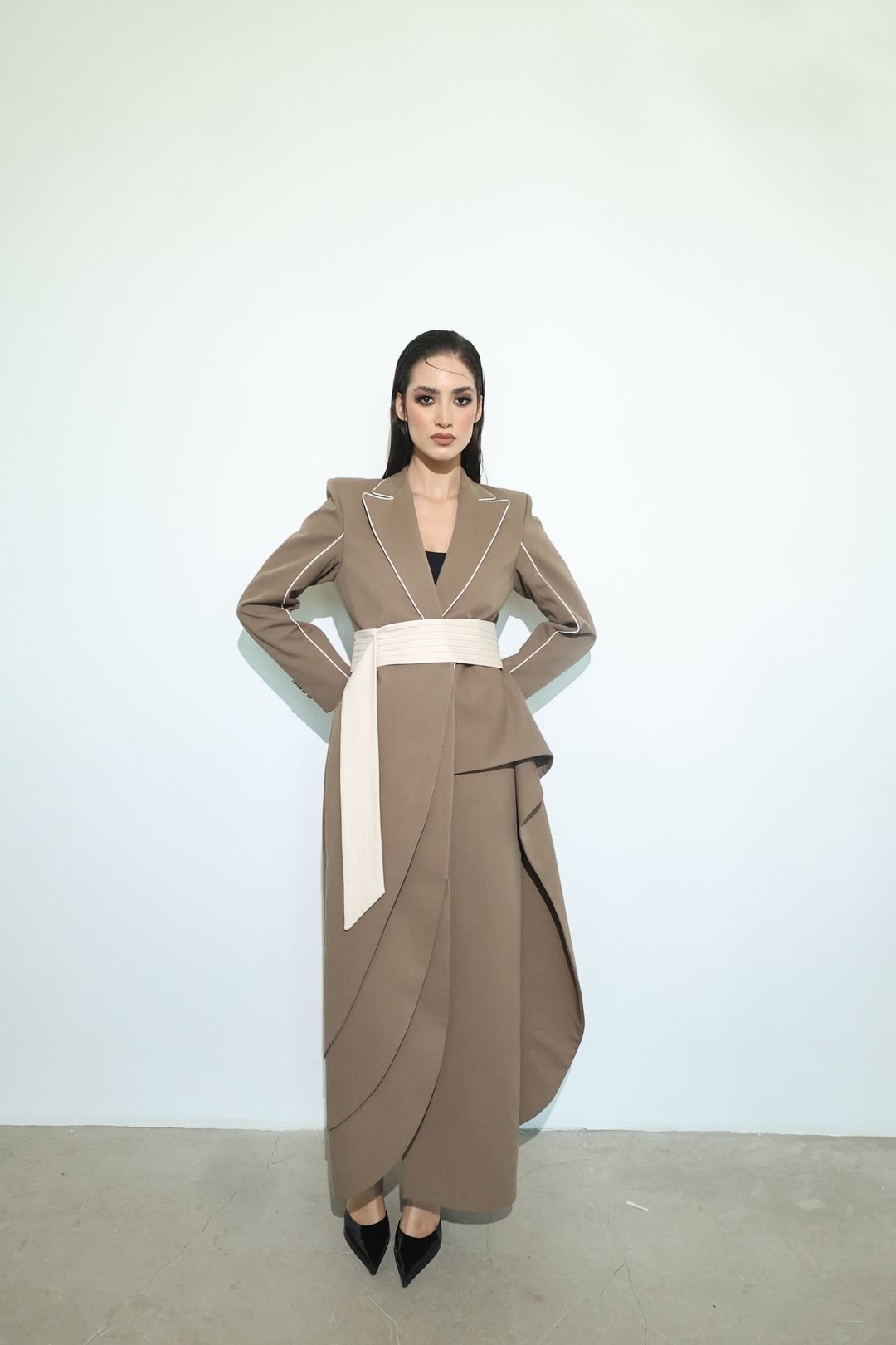 Mocha Ivory Wrap-Sash Draped Coat - 2