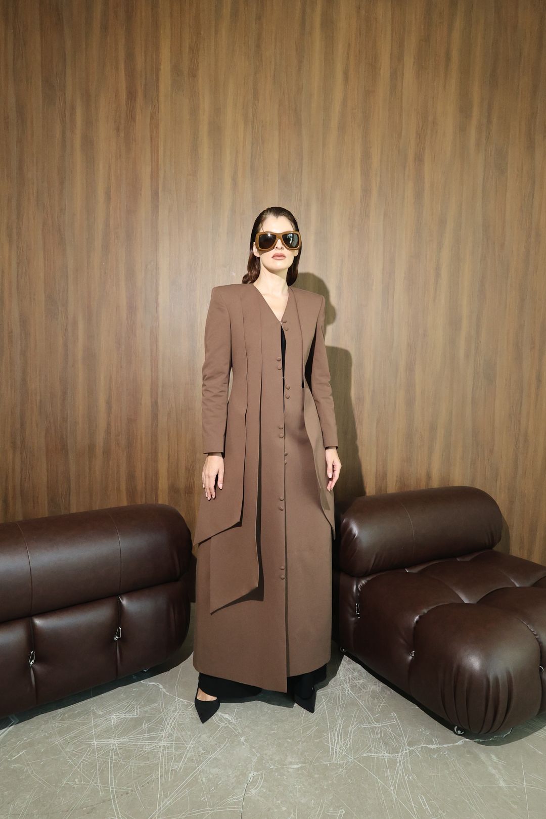 Chocolate Curved-Panel Long Coat - 14