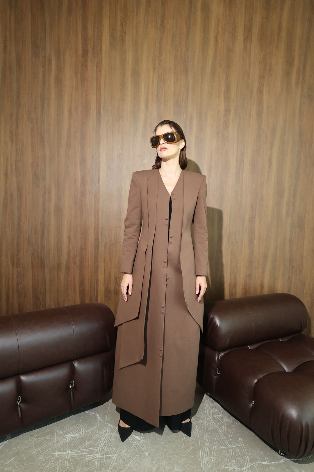 Chocolate Curved-Panel Long Coat - 13