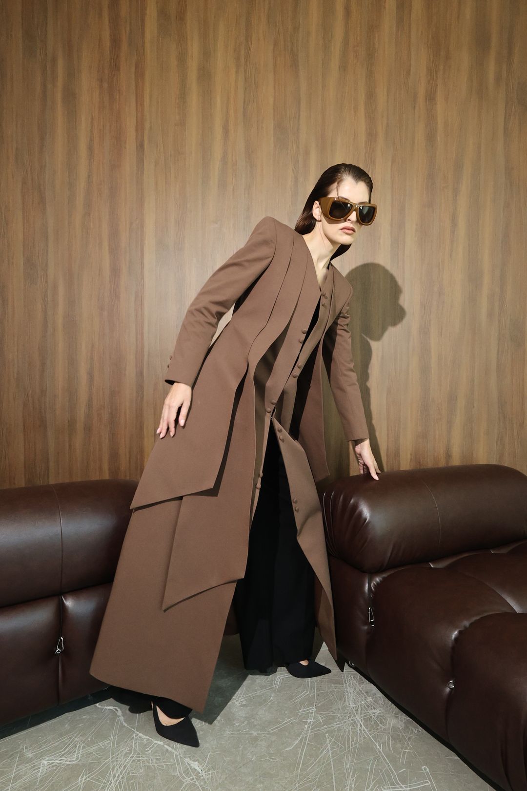 Chocolate Curved-Panel Long Coat - 8