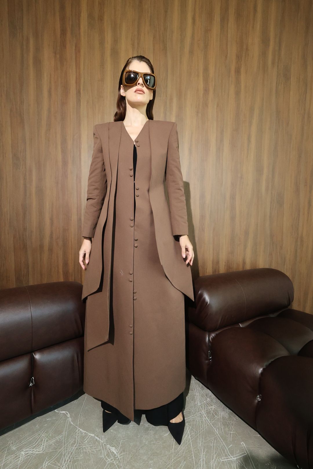 Chocolate Curved-Panel Long Coat - 6