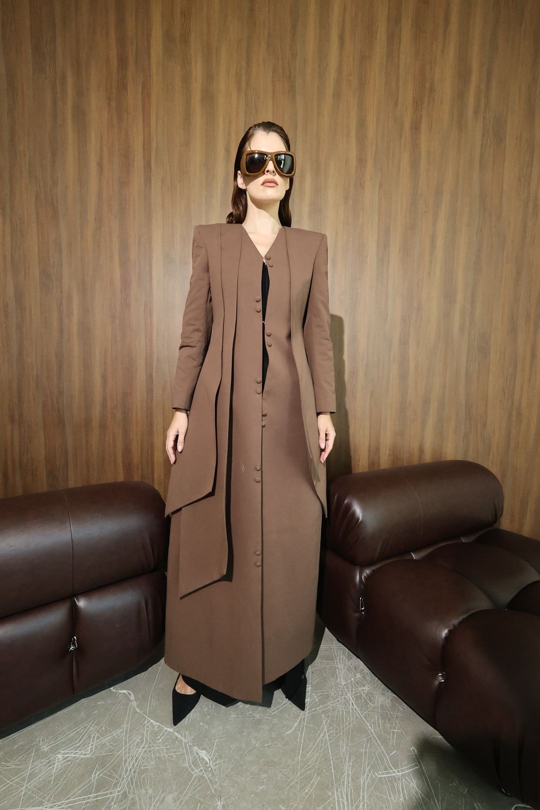 Chocolate Curved-Panel Long Coat - 5