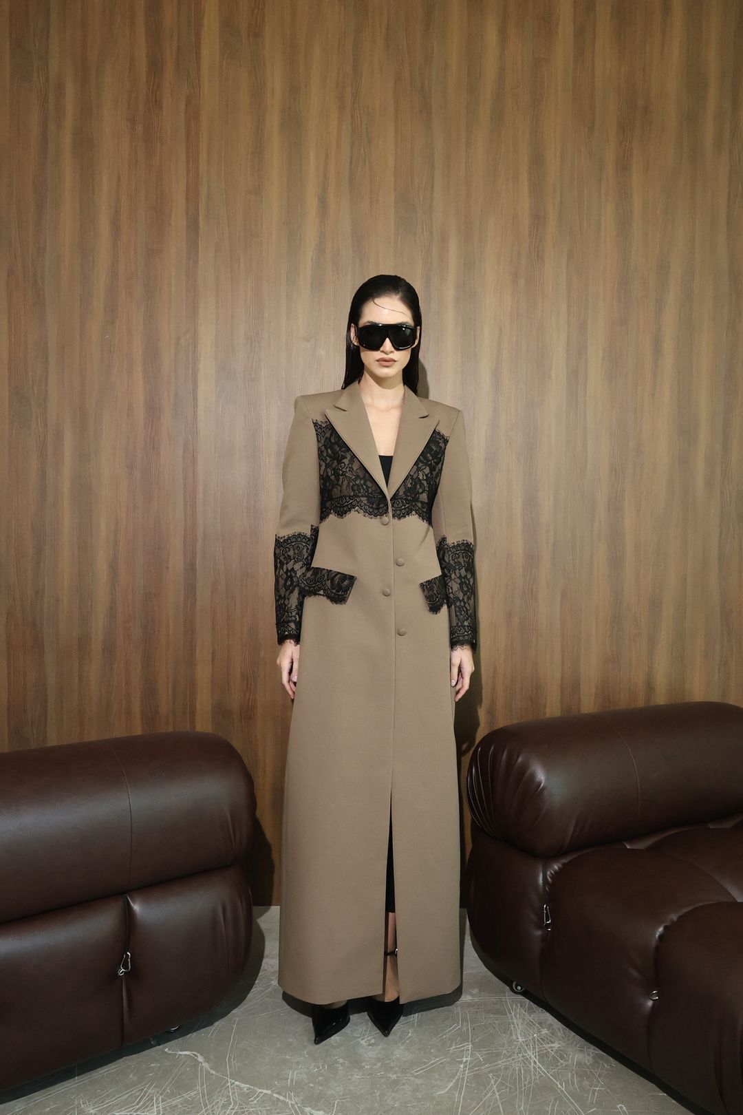 Taupe Black-Lace Panel Coat - 21