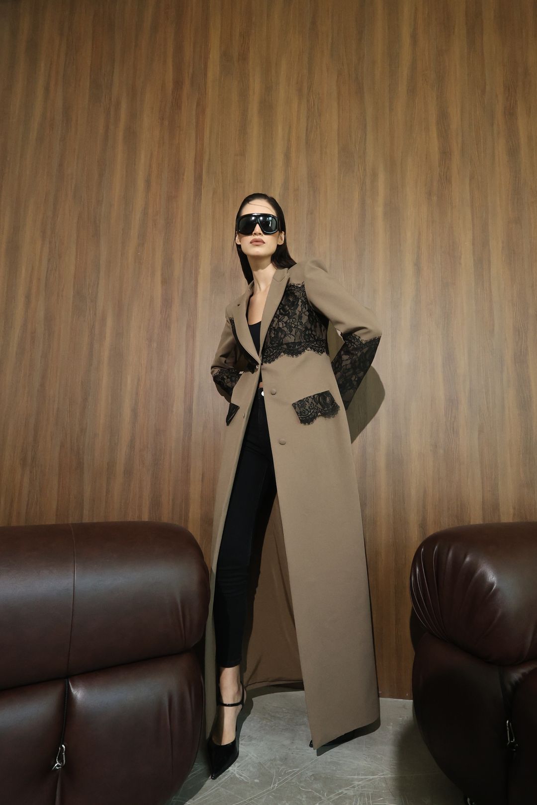 Taupe Black-Lace Panel Coat - 17