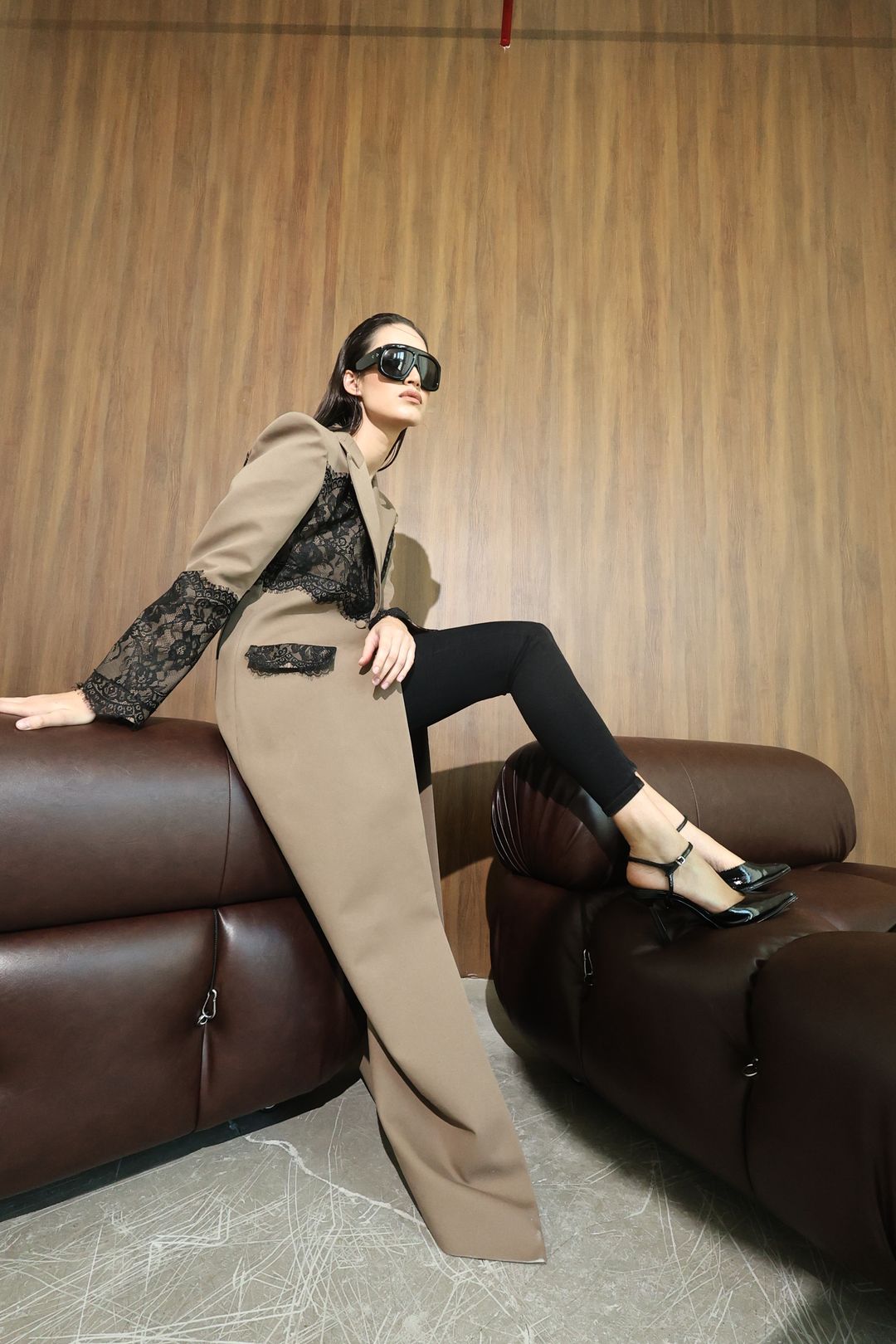 Taupe Black-Lace Panel Coat - 10