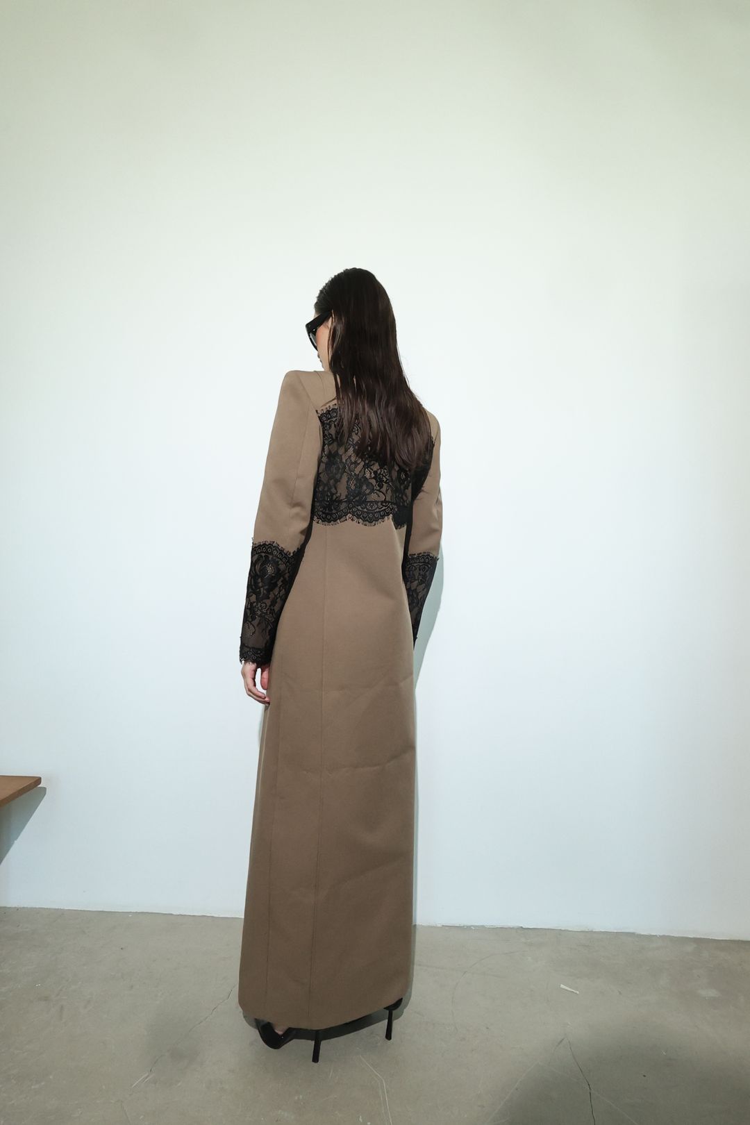 Taupe Black-Lace Panel Coat - 4