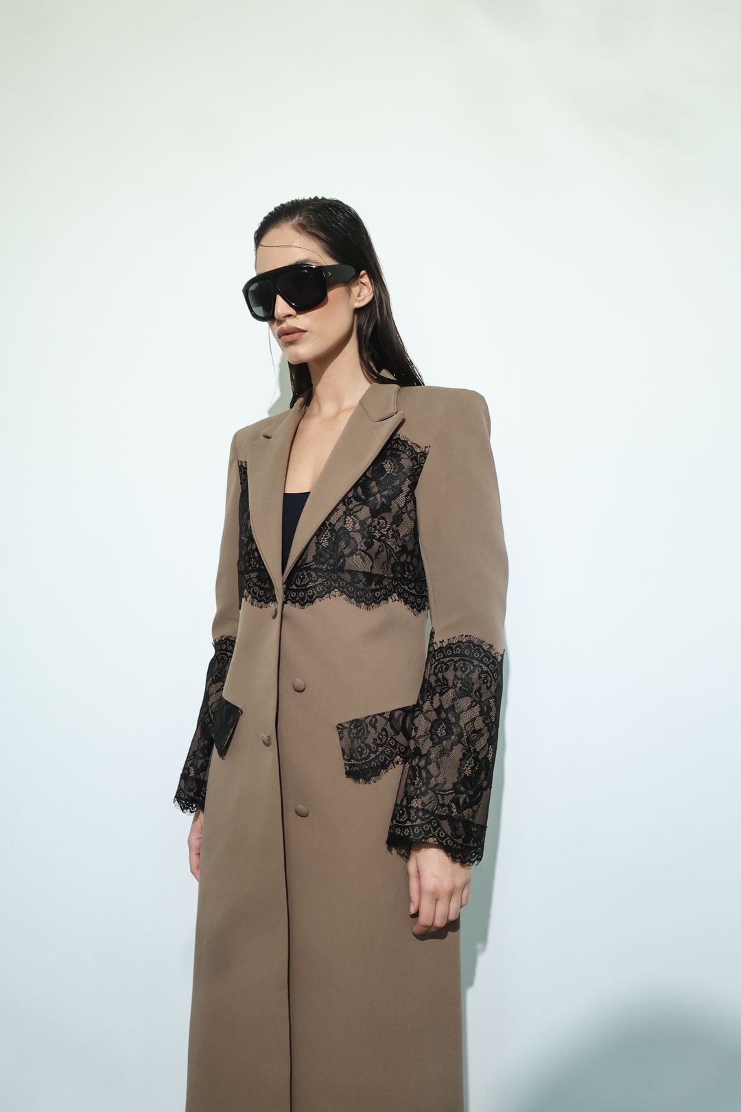 Taupe Black-Lace Panel Coat - 3