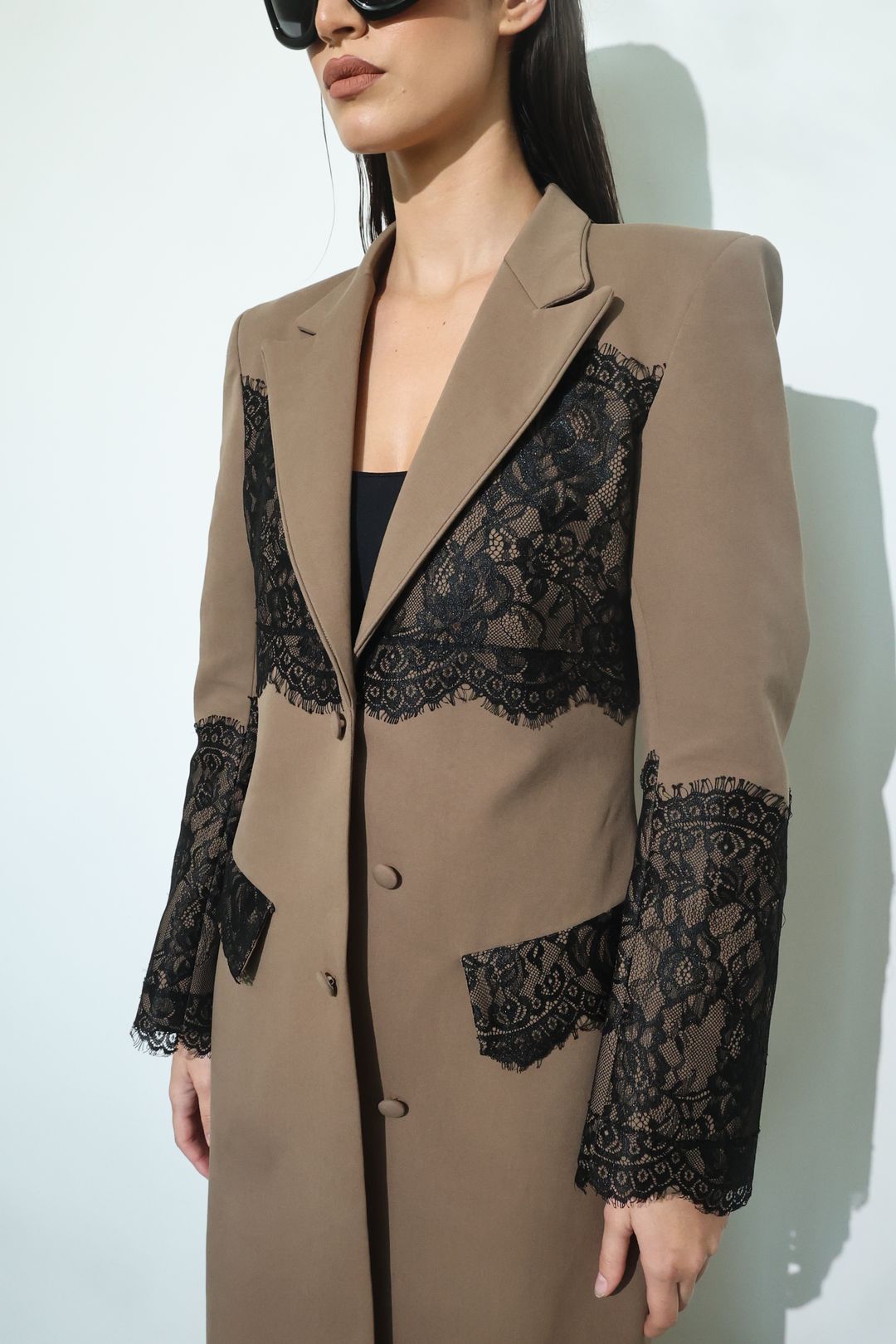 Taupe Black-Lace Panel Coat - 2