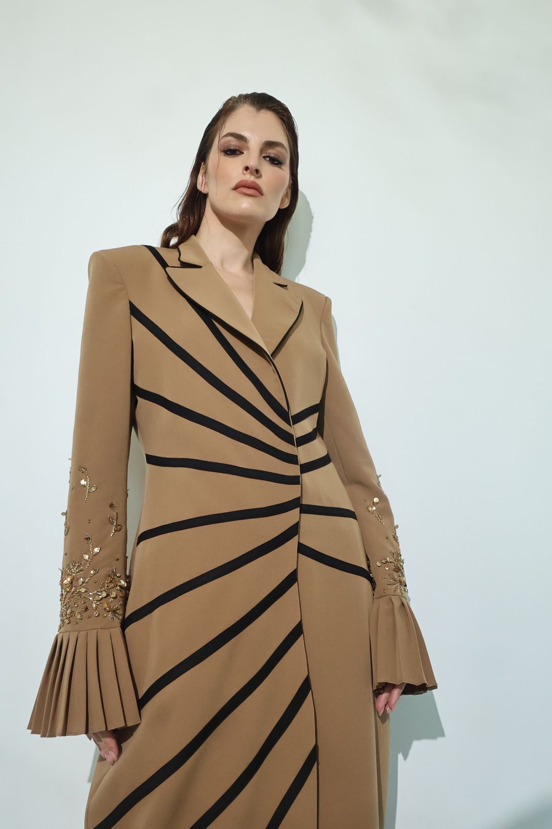 Camel Soutache Flared-Cuff Coat - 3