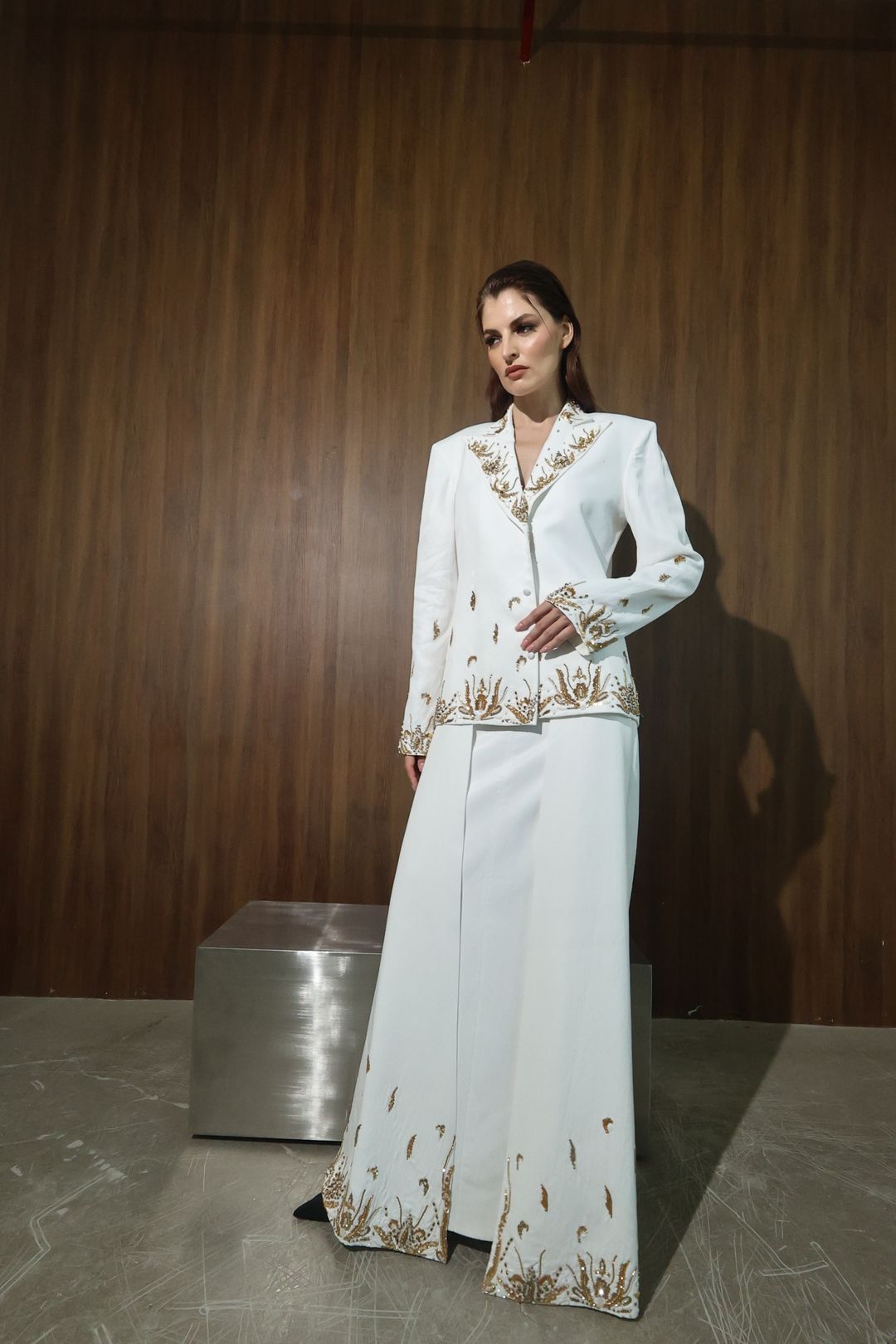 Ivory Gold-Embroidered Coat Set - 2