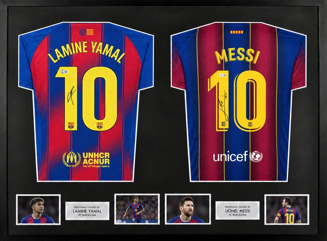 Lionel Messi & Lamine Yamal Signed Barcelona Jerseys (Dual Framed) - 1