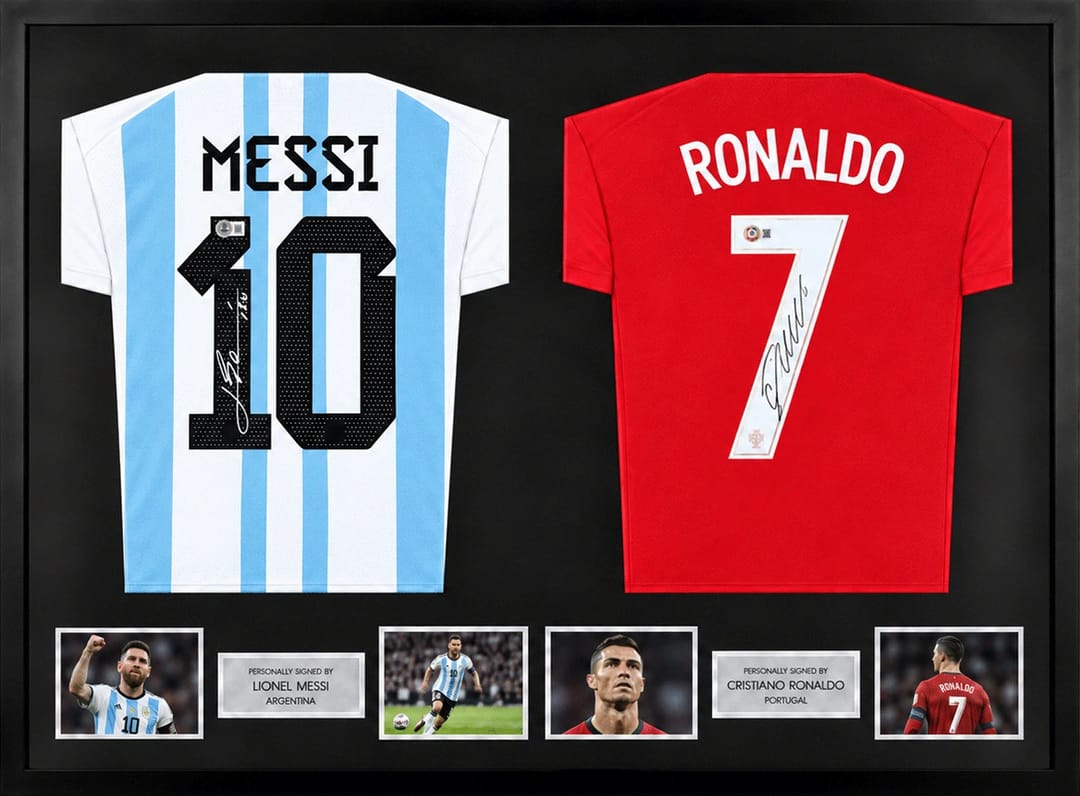Lionel Messi & Cristiano Ronaldo Signed Argentina & Portugal Jerseys (Dual Framed) - 1