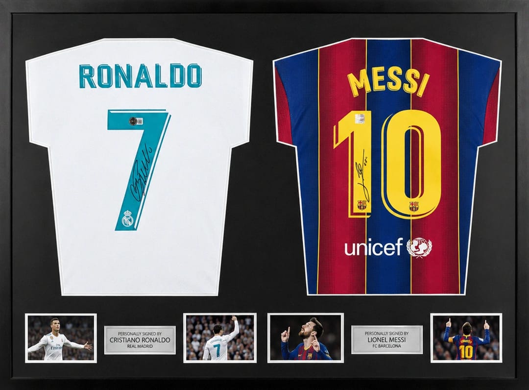 Lionel Messi & Cristiano Ronaldo Signed Real Madrid & Barcelona Jerseys (Dual Framed) - 2