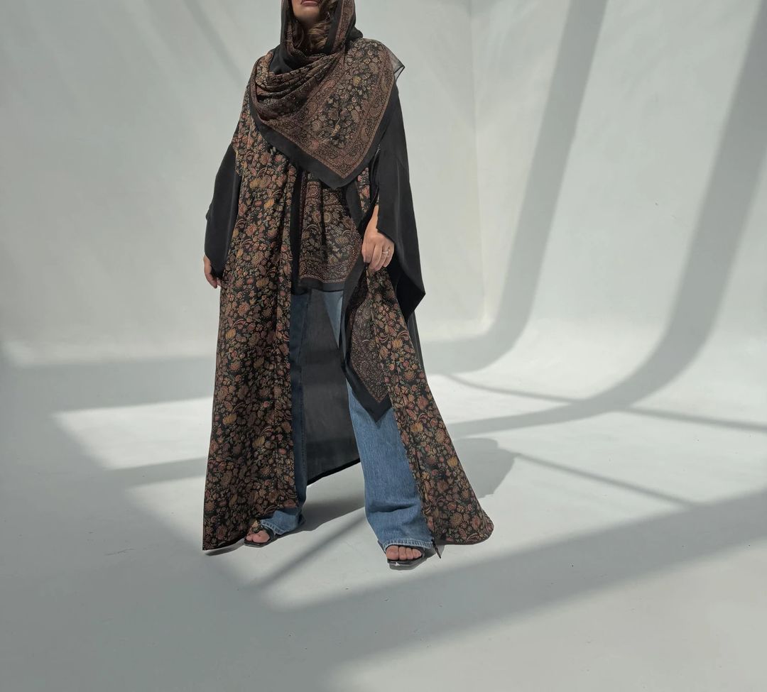 Crepe-Silk Abaya w Chiffon Tarha E13 - 6