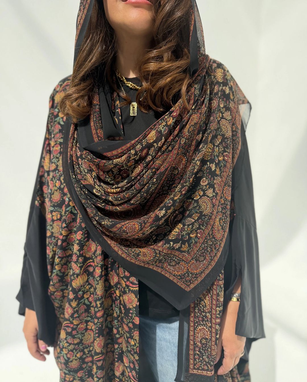 Crepe-Silk Abaya w Chiffon Tarha E13 - 9