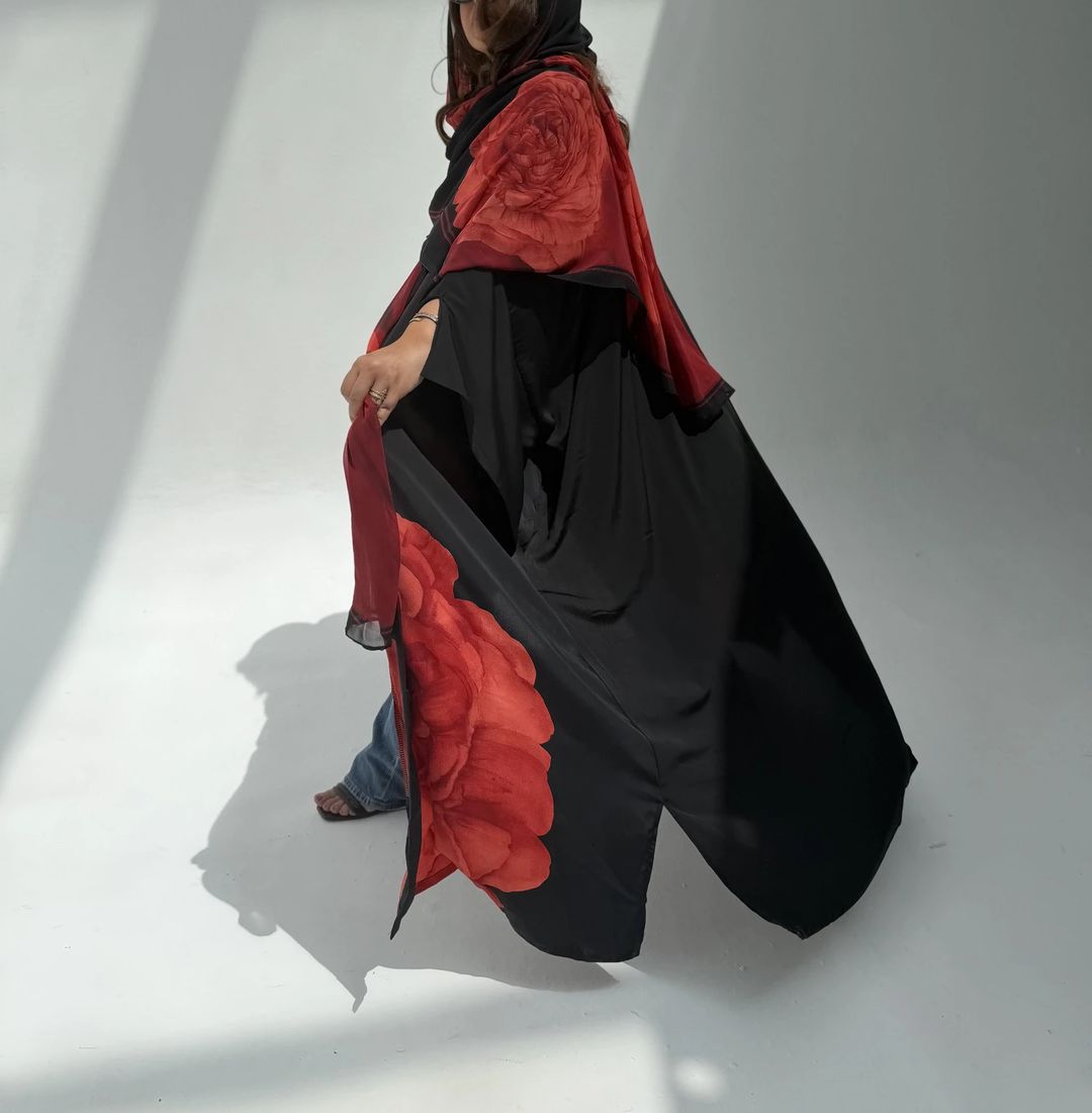 Crepe-Silk Abaya w Chiffon Tarha E8 - 2