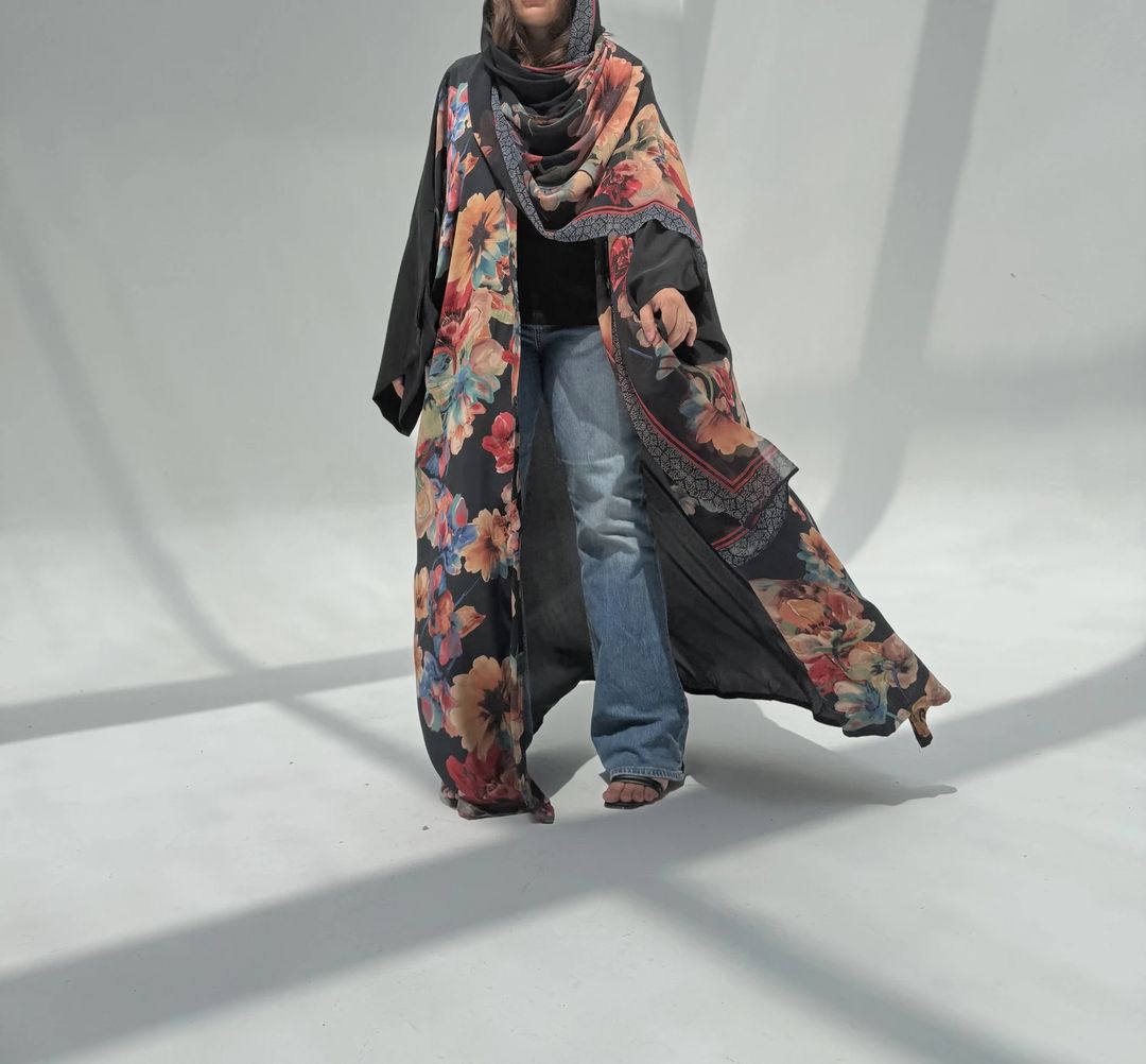 Crepe-Silk Abaya w Chiffon Tarha E6 - 1