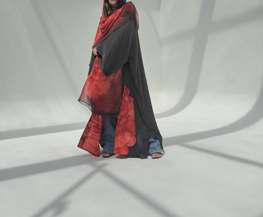 Crepe-Silk Abaya w Chiffon Tarha E8 - 10