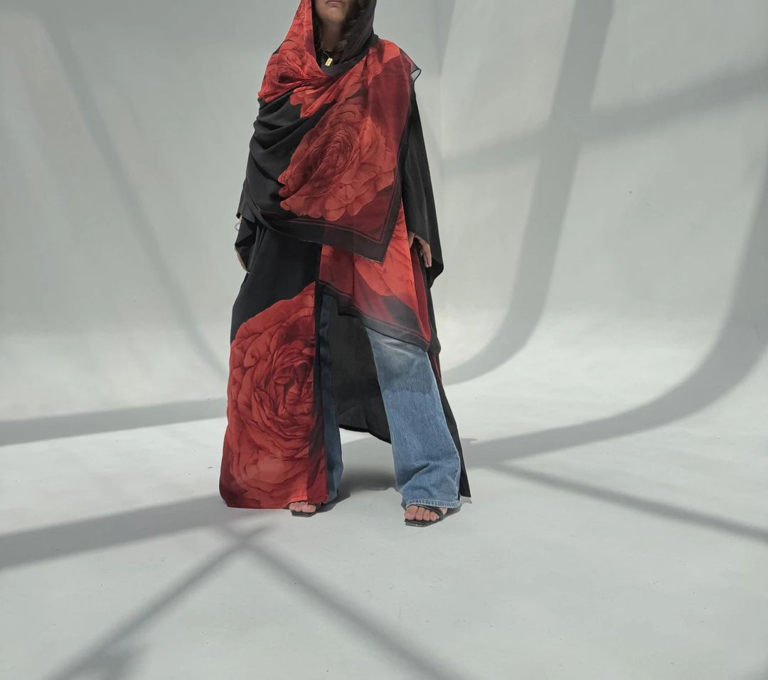 Crepe-Silk Abaya w Chiffon Tarha E8 - 11
