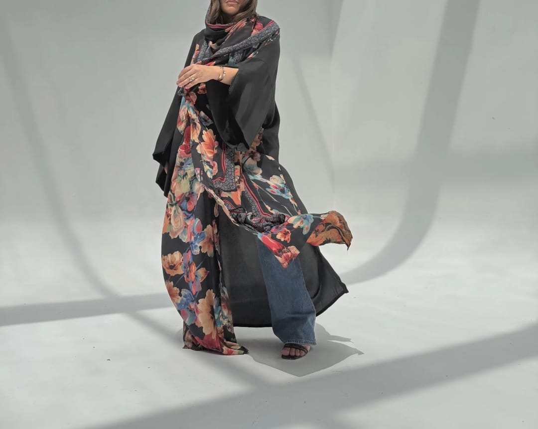 Crepe-Silk Abaya w Chiffon Tarha E6 - 11