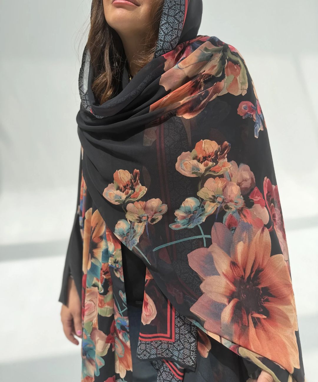 Crepe-Silk Abaya w Chiffon Tarha E6 - 12