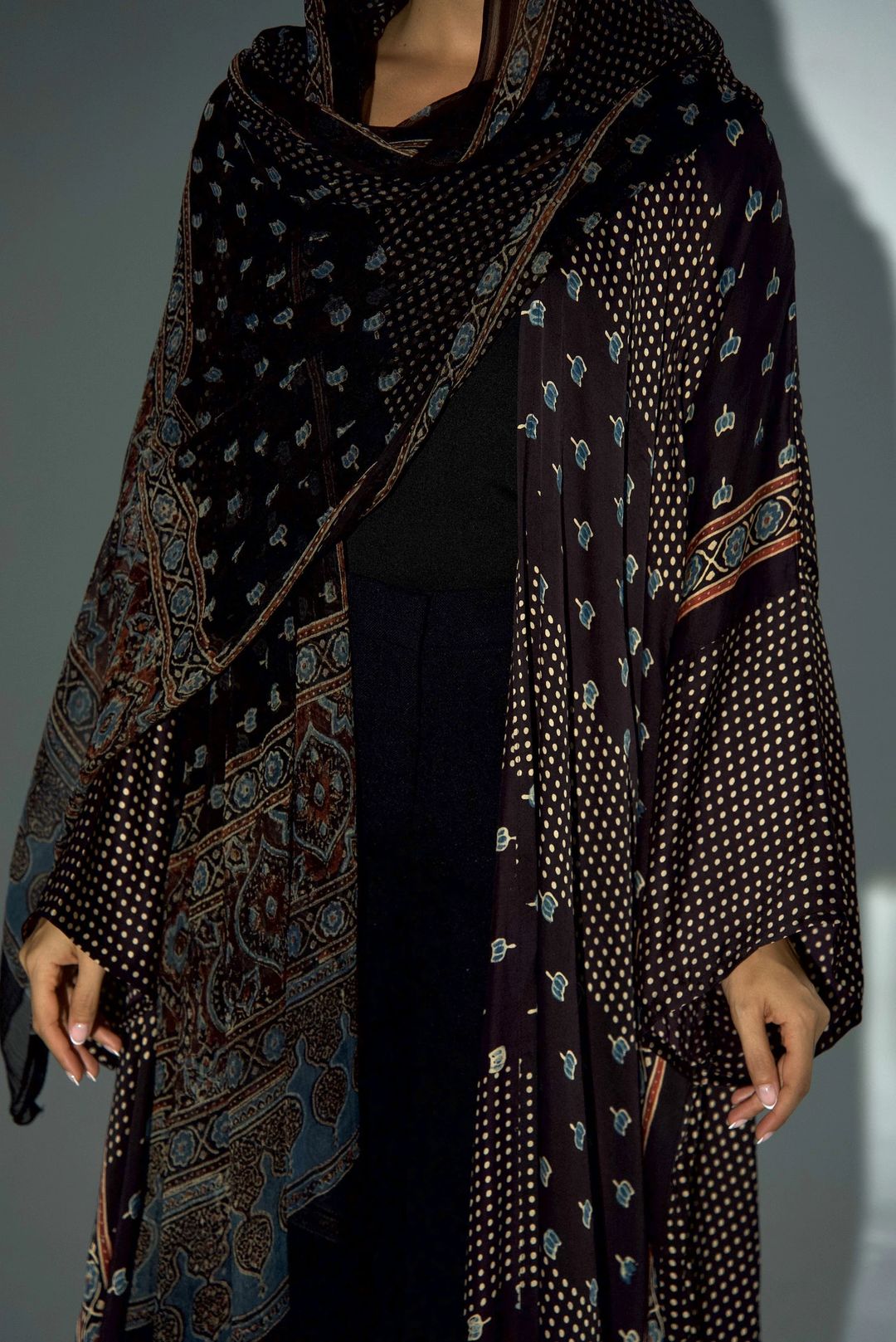 Bisht Pure Silk Handblock Abaya w Chiffon Shela A24 - 10