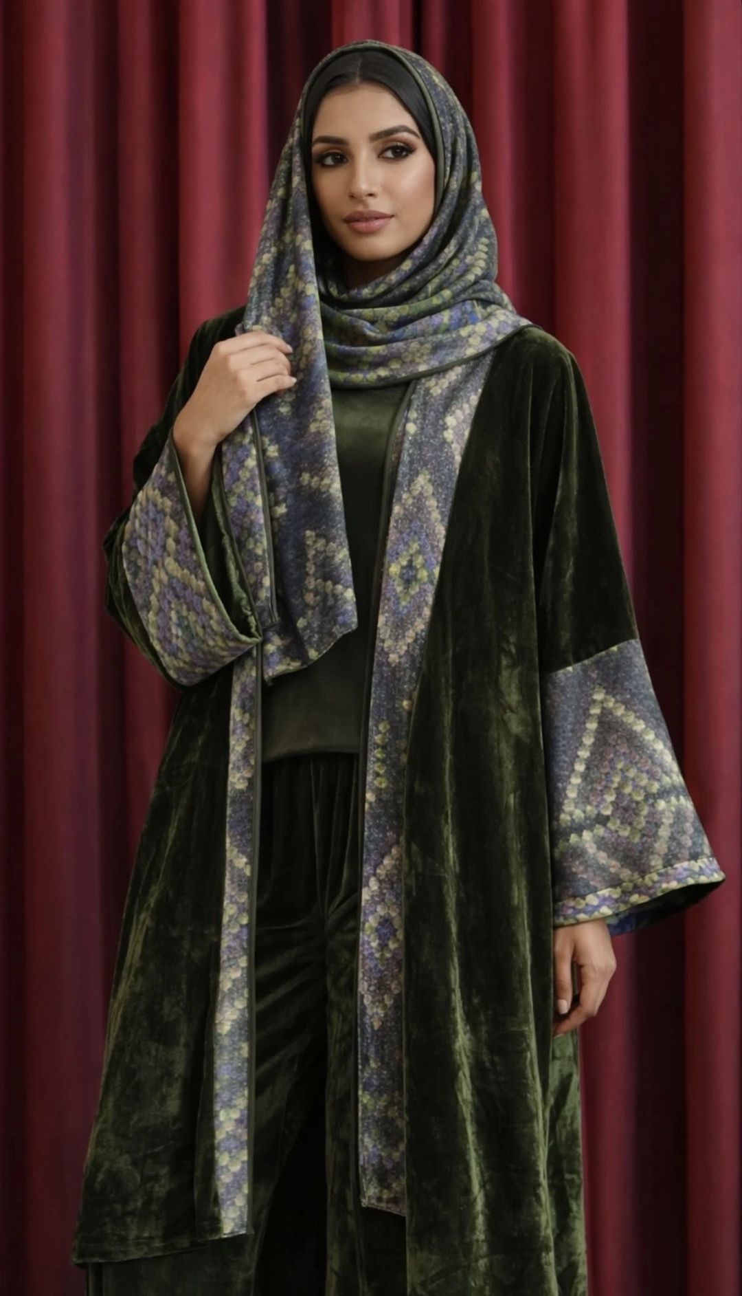Velvet Abaya with Trouser- Green - 2