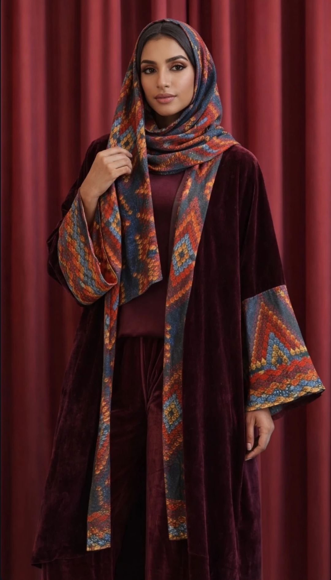 Velvet Abaya with Trouser- Maroon - 2