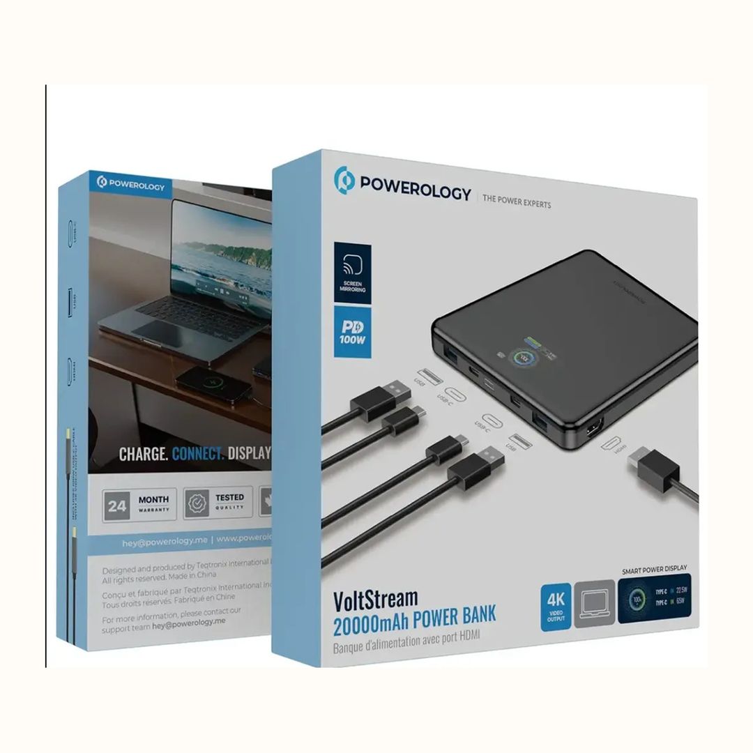 Powerology VoltStream 20000mAh Laptop Power Bank, PD 100W Fast Charging, 4K HDMI Output with Screen Mirroring, Smart Power Display, Dual USB-C + USB-A, 100W USB-C Cable Included - Black - 4