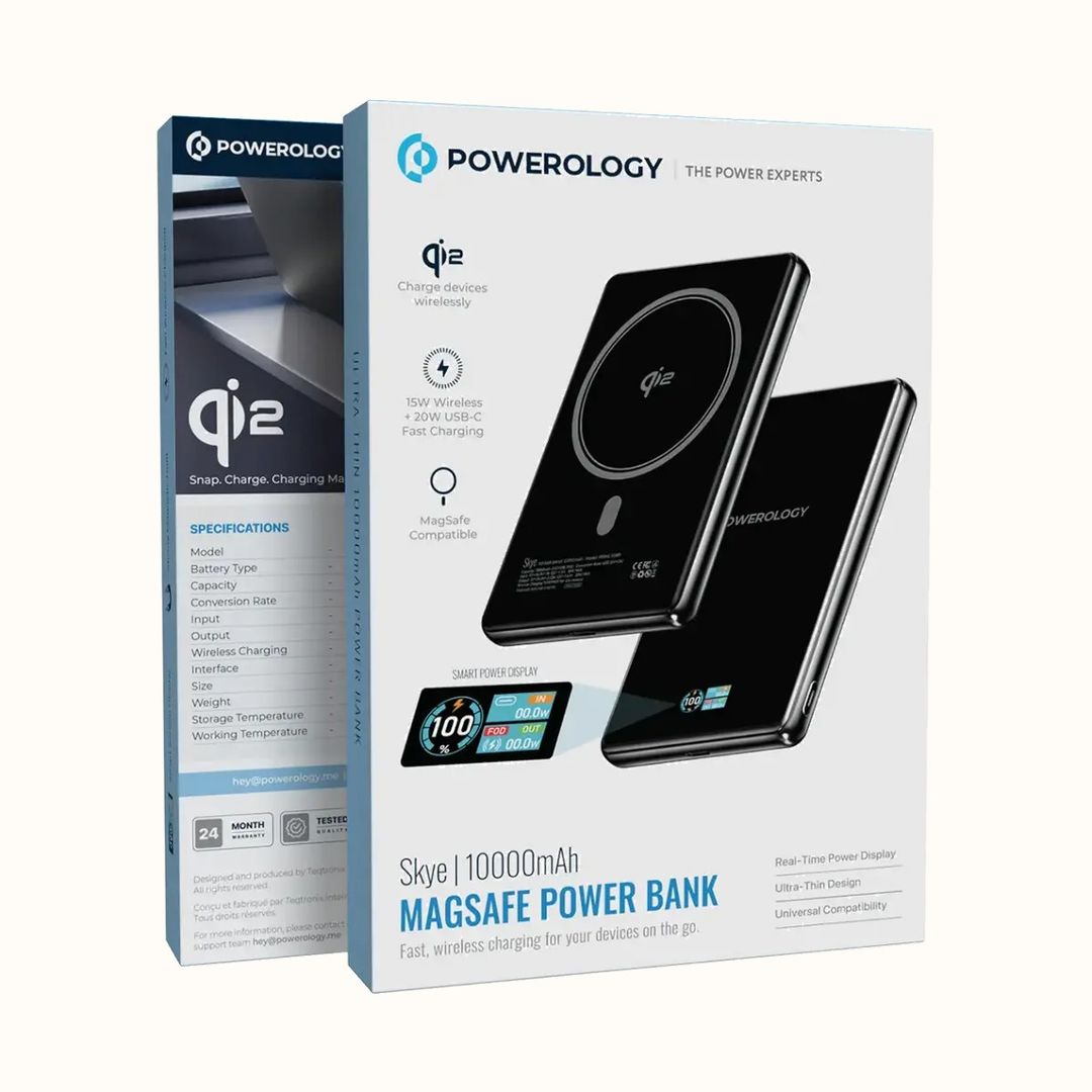 Powerology Skye 10000mAh Qi2 MagSafe Power Bank with TFT Smart Display, Magnetic Wireless Fast Charging, USB-C Power Delivery - Black - 2
