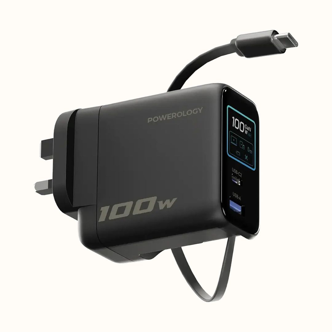 Powerology 100W Wall Charger with TFT Smart Display and Retractable USB-C Cable, PD Fast Charging for MacBook, iPhone, iPad and Android - Black - 2