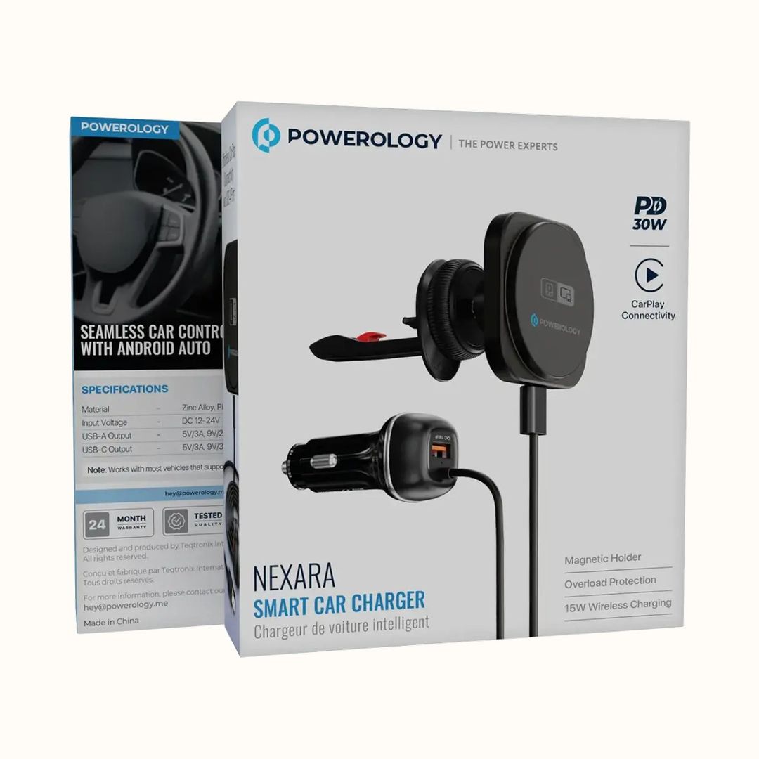 Powerology Nexar Smart Car Charger with Wireless CarPlay Adapter, 15W Magnetic Wireless Charging Holder, 51W Total Output (30W USB-C + 18W USB-A) - Black - 3