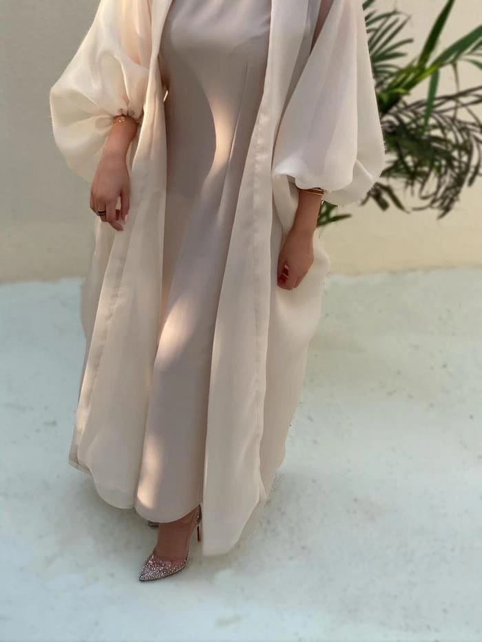 Beige organza bisht abaya - 2